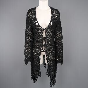 MATSUDA Size M Black Wool Crochet Fringe Cardigan